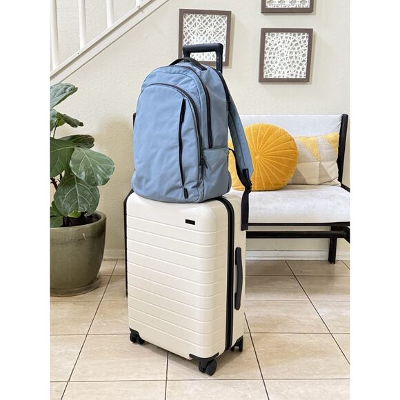Away Carry-On & Backpack Bundle | Salt White Luggage + Coast Blue Bag Travel Set - Picture 1 of 16